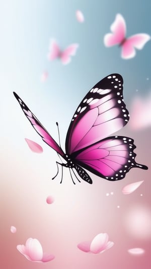 blank pure simple blank backround with one pink colorfully butterfly,(falling petals),blur background,  photorealistic