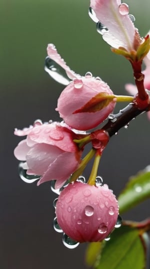  a blooming cherry branch covered in drew and rain drops
