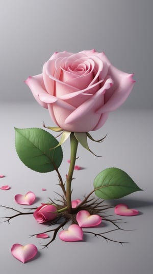 one pink blooming rose,the petals are falling, the petals formed a lovely heart shape on the ground,with a thin root system, high quality,
photorealistic

