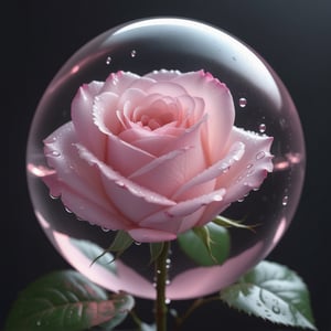 a big transparent sphere filled with clear water and a few droplets of water,in which grows a tender pink rose with two large leaves and a thin stem,love heart shape,the entire scene is illuminated by a soft pink light, giving a sense of tranquility and harmony,
photorealistic

