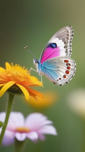 a simple pure blank background, a colorfull butterfly,gracefully landing on kinds of flowers, portrayed in a realistic photographic style with a macro lens, capturing the smallest details