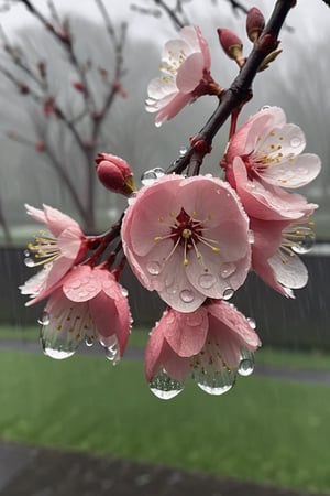  a blooming cherry branch covered in drew and rain drops
