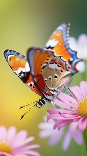 a simple pure blank background, a colorfull butterfly,gracefully landing on kinds of flowers, portrayed in a realistic photographic style with a macro lens, capturing the smallest details