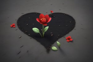 blank pure lightblack backround, one sprouting seed with thin root system on the ground at the bottom of the picture, 3 red blooming flowers,the petals are falling, and some of them makd up a lovely heart shape on the ground,high photorealistic