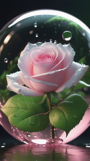 a big transparent sphere filled with clear water and a few droplets of water,below the sphere is a green mossy ground, on which grows a tender pink rose with two large leaves and a thin stem,love heart shape,the entire scene is illuminated by a soft pink light, giving a sense of tranquility and harmony,
photorealistic

