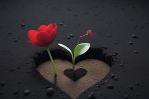 blank pure lightblack backround, one sprouting seed with thin root system on the ground at the bottom of the picture, 3 red blooming flowers,the petals are falling, and some of them makd up a lovely heart shape on the ground,high photorealistic