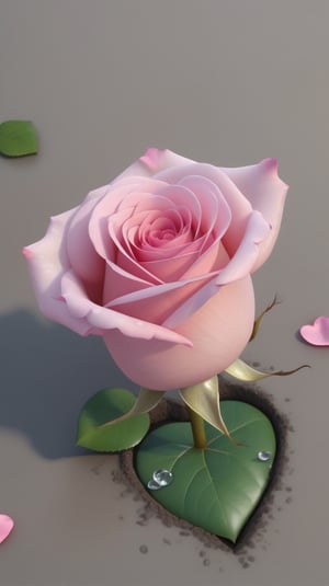 one pink blooming rose,the petals are falling, the petals formed a lovely heart shape on the ground,with a thin root system, high quality,
photorealistic

