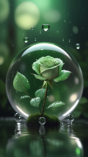 a simple blurred dark moss green background, a big transparent crystal  sphere filled with clear water and a few droplets of water,in which grows a tender green rose with two large leaves and a thin stem,love heart shape,the entire scene is illuminated by a soft green light, giving a sense of tranquility and harmony,
photorealistic

