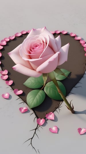 one pink blooming rose,the petals are falling, the petals formed a lovely heart shape on the ground,with a thin root system, high quality,
photorealistic

