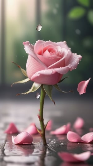 one pink blooming rose,(falling petals),blur background, and the petals formed a  wet pussy shape on the ground,
photorealistic