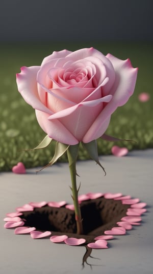 one pink blooming rose,the petals are falling, the petals formed a lovely heart shape on the ground,with a thin root system, high quality,
photorealistic

