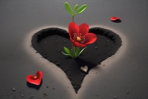 blank pure lightblack backround, one sprouting seed with thin root system on the ground at the bottom of the picture, 3 red blooming flowers,the petals are falling, and some of them makd up a lovely heart shape on the ground,high photorealistic