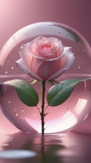 a big transparent sphere filled with clear water and a few droplets of water,in which grows a tender pink rose with two large leaves and a thin stem,love heart shape,the entire scene is illuminated by a soft pink light, giving a sense of tranquility and harmony,
photorealistic

