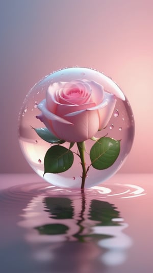 a big transparent sphere filled with clear water and a few droplets of water,in which grows a tender pink rose with two large leaves and a thin stem,love heart shape,the entire scene is illuminated by a soft pink light, giving a sense of tranquility and harmony,
photorealistic

