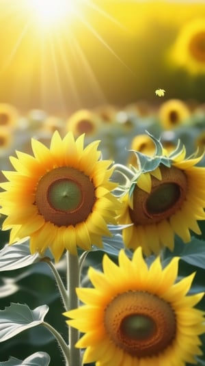 blank pure blured backround,  blooming Sunflowers,  the petals are falling on the ground at the bottom of the picture,  sunlight
high photorealistic