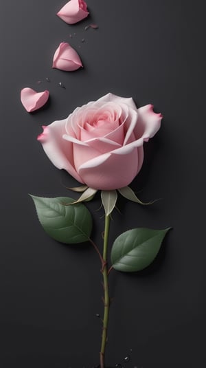 blank pure black background,one pink blooming rose,the petals are falling, the petals formed a lovely heart shape on the ground,with a thin root system, high quality,
photorealistic

