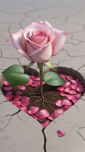 one pink blooming rose,the petals are falling, the petals formed a lovely heart shape on the ground,with a thin root system, high quality,
photorealistic

