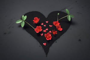 blank pure lightblack backround, one sprouting seed with thin root system on the ground at the bottom of the picture, 3 red blooming flowers,the petals are falling, and some of them makd up a lovely heart shape on the ground,high photorealistic