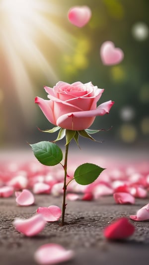 one pink blooming rose,(falling petals),blur background, and the petals formed a heart shape on the ground, photorealistic