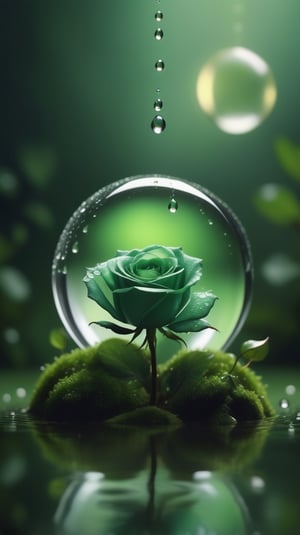 a simple blurred dark moss green background, a big transparent crystal  sphere filled with clear water and a few droplets of water,in which grows a tender green rose with two large leaves and a thin stem,love heart shape,the entire scene is illuminated by a soft green light, giving a sense of tranquility and harmony,
photorealistic

