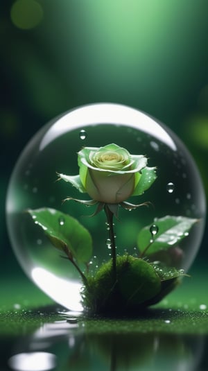 a simple blurred dark moss green background, a big transparent crystal  sphere filled with clear water and a few droplets of water,in which grows a tender green rose with two large leaves and a thin stem,love heart shape,the entire scene is illuminated by a soft green light, giving a sense of tranquility and harmony,
photorealistic

