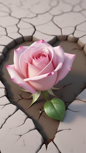 one pink blooming rose,the petals are falling, the petals formed a lovely heart shape on the ground,with a thin root system, high quality,
photorealistic

