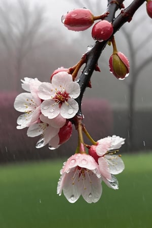  a blooming cherry branch covered in drew and rain drops
