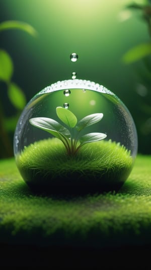 a transparent sphere filled with clear water and a few droplets of water. Below the sphere is a green mossy ground, on which grows a tender green plant with two large leaves and a thin stem. The entire scene is illuminated by a soft green light, giving a sense of tranquility and harmony.
photorealistic

