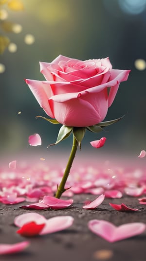 one pink blooming rose,(falling petals),blur background, and the petals formed a heart shape on the ground, photorealistic  ,Butterfly Style