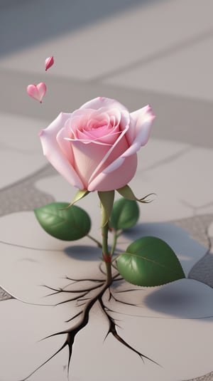 one pink blooming rose,the petals are falling, the petals formed a lovely heart shape on the ground,with a thin root system, high quality,
photorealistic

