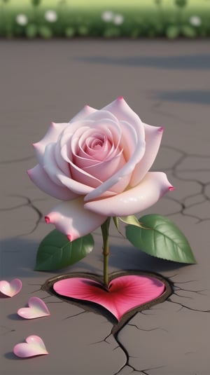 one pink blooming rose,the petals are falling, the petals formed a lovely heart shape on the ground,with a thin root system, high quality,
photorealistic

