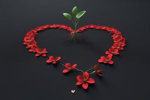 blank pure lightblack backround, one sprouting seed with thin root system on the ground at the bottom of the picture, 3 red blooming flowers,the petals are falling, and some of them makd up a lovely heart shape on the ground,high photorealistic