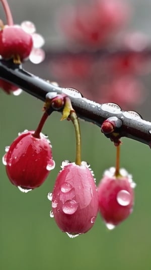  a blooming cherry branch covered in drew and rain drops
