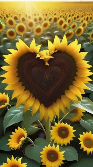 blank pure blured backround, one  blooming Sunflower,  the petals are falling on the ground at the bottom of the picture,  and some of them makd up a lovely heart shape on the ground,high photorealistic