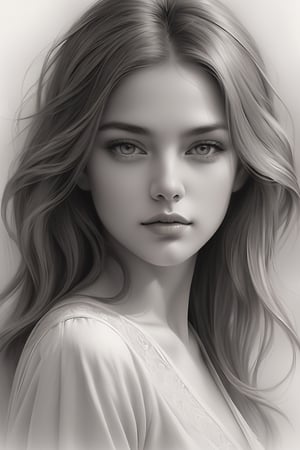 A beautifully rendered pencil art portrait of a woman with a captivating gaze. The illustration showcases her delicate facial features, with soft shading and detailing that brings the image to life. The background is a subtle blend of gray tones, drawing focus to the woman's captivating expression and the intricate strands of her hair. The overall effect is a timeless, elegant piece that captures the essence of the subject's soul.