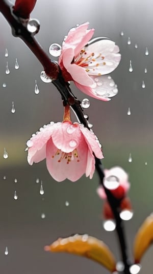  a blooming cherry branch covered in drew and rain drops
