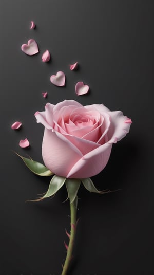 blank pure black background,one pink blooming rose,the petals are falling, the petals formed a lovely heart shape on the ground,with a thin root system, high quality,
photorealistic

