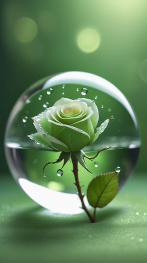 a simple blurred moss green background, a big transparent crystal  sphere filled with clear water and a few droplets of water,in which grows a tender green rose with two large leaves and a thin stem,love heart shape,the entire scene is illuminated by a soft green light, giving a sense of tranquility and harmony,
photorealistic

