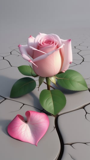 one pink blooming rose,the petals are falling, the petals formed a lovely heart shape on the ground,with a thin root system, high quality,
photorealistic

