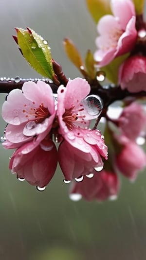  a blooming cherry branch covered in drew and rain drops
