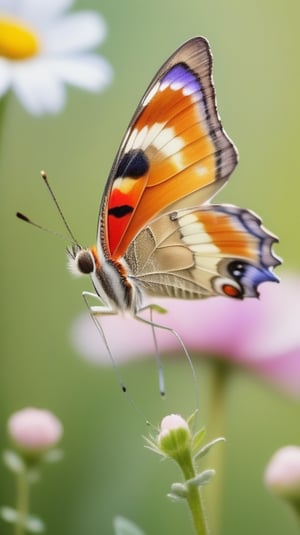 a simple pure blank background, a colorfull butterfly,gracefully landing on kinds of flowers, portrayed in a realistic photographic style with a macro lens, capturing the smallest details