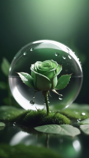 a simple blurred dark moss green background, a big transparent crystal  sphere filled with clear water and a few droplets of water,in which grows a tender green rose with two large leaves and a thin stem,love heart shape,the entire scene is illuminated by a soft green light, giving a sense of tranquility and harmony,
photorealistic

