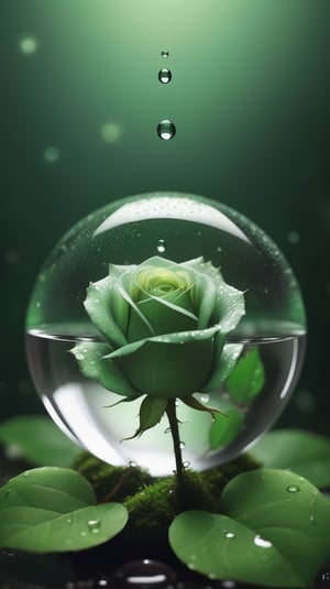 a simple blurred dark moss green background, a big transparent crystal  sphere filled with clear water and a few droplets of water,in which grows a tender green rose with two large leaves and a thin stem,love heart shape,the entire scene is illuminated by a soft green light, giving a sense of tranquility and harmony,
photorealistic

