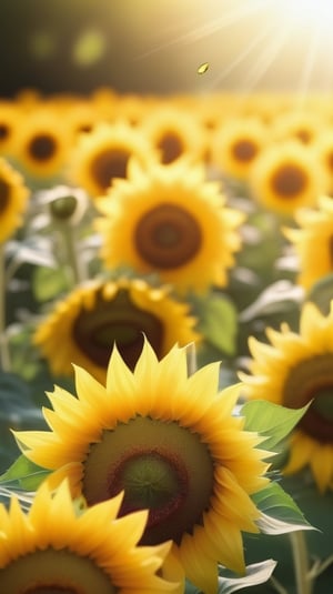 blank pure blured backround,  blooming Sunflowers,  the petals are falling on the ground at the bottom of the picture,  sunlight
high photorealistic