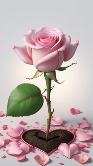 one pink blooming rose,the petals are falling, the petals formed a lovely heart shape on the ground,with a thin root system, high quality,
photorealistic

