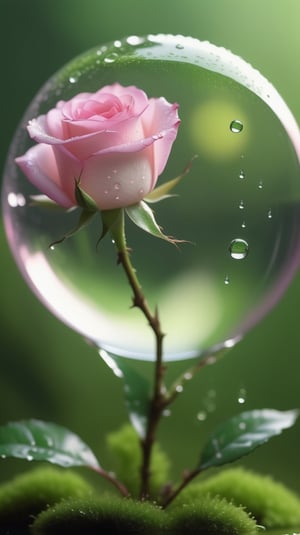 a simple blurred moss green background, a big transparent sphere filled with clear water and a few droplets of water,in which grows a tender pink rose with two large leaves and a thin stem,love heart shape,the entire scene is illuminated by a soft green light, giving a sense of tranquility and harmony,
photorealistic

