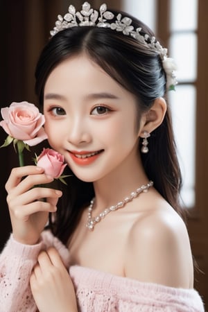 a beautiful chinese girl, 10 year old, off shoulder, rose in hand,giving it for you,smile to you, perfect hands ,details,looking_at_viewer