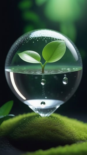 a transparent sphere filled with clear water and a few droplets of water. Below the sphere is a green mossy ground, on which grows a tender green plant with two large leaves and a thin stem. The entire scene is illuminated by a soft green light, giving a sense of tranquility and harmony.
photorealistic

