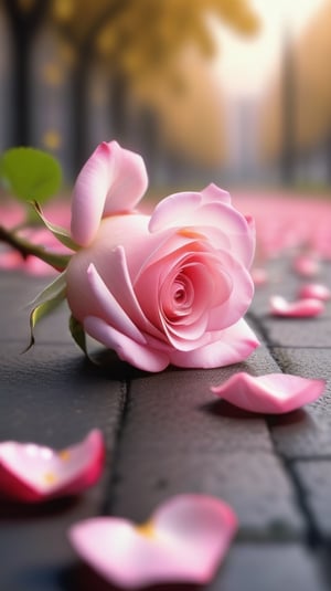 one pink blooming rose,(falling petals),blur background, and the petals formed a heart shape on the ground,
photorealistic