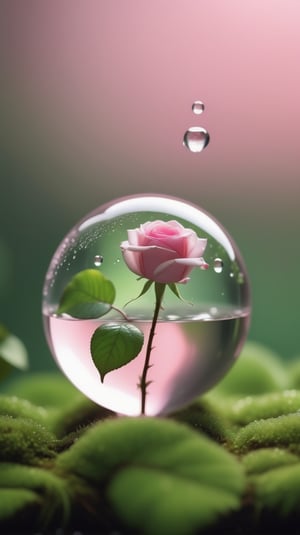 a simple blurred moss green background, a big transparent sphere filled with clear water and a few droplets of water,in which grows a tender pink rose with two large leaves and a thin stem,love heart shape,the entire scene is illuminated by a soft green light, giving a sense of tranquility and harmony,
photorealistic

